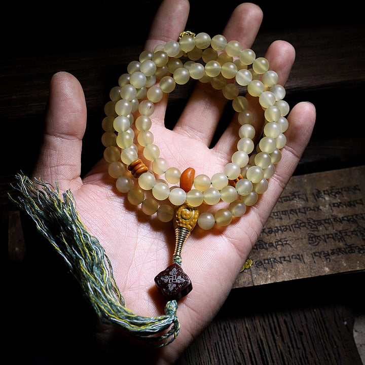 Buddha Stones 108 Mala Koraliki Tybetański Owczy Róg Bursztyn Bransoletka Szczęścia