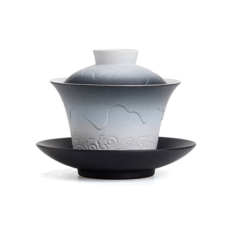 Buddha Stones Retro Niebieski Ocean Fale Morskie Gradient Ceramiczny Gaiwan Sancai Filiżanka Kung Fu Filiżanka I Spodek Z Pokrywką