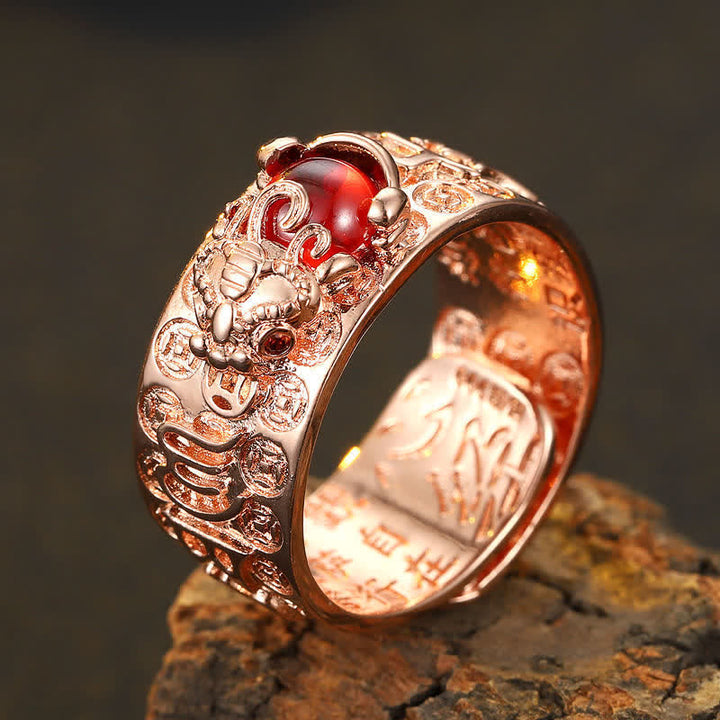 Buddha Stones FengShui PiXiu Czerwony Granat Serce Sutra Pierścień Bogactwa