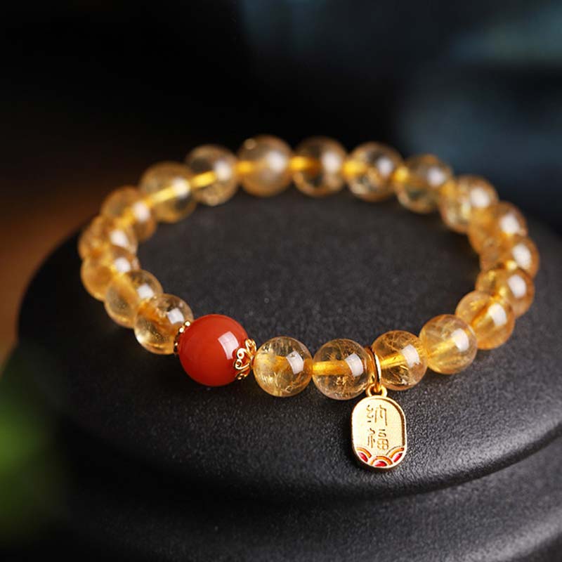 Bransoletka z zawieszką szczęścia i Buddha Stones w kolorze cytrynu i czerwonego agatu