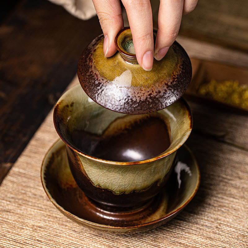 Buddha Stones Vintage Brązowy Piec Zmiana Projektu Porcelana Ceramiczna Gaiwan Sancai Filiżanka Kung Fu Filiżanka I Spodek Z Pokrywką