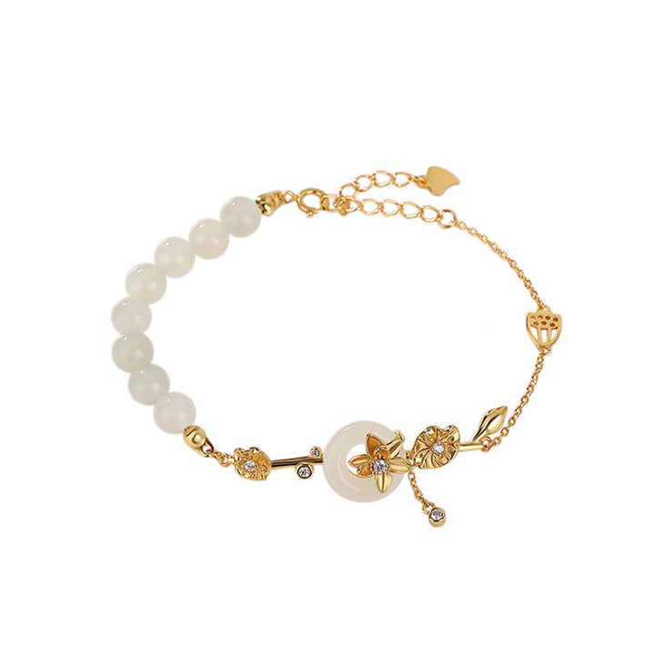 Buddha Stones 925 Srebro Sterlingowe Hetian Jade Peace Buckle Bransoletka z Łańcuszkiem Szczęścia Lotus - image 5