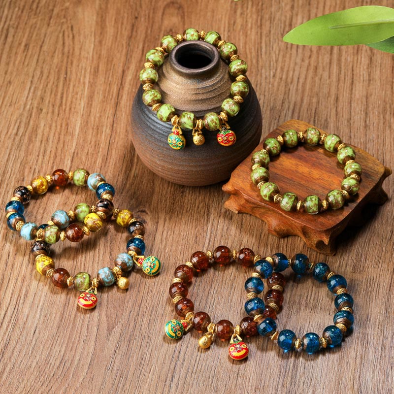 Buddha Stones Złota Połykająca Bestia Rodzina Charm Liuli Szklane Koraliki Bransoletka Fortuna - image 0