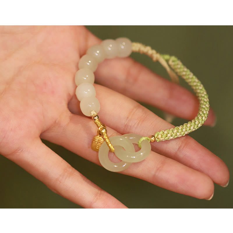 Buddha Stones Naturalne Koraliki Jadeitu Hetian Podwójna Klamra Pokoju Fu Charakter Obfitości Bransoletka Pleciona