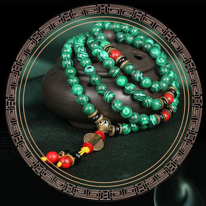 Buddha Stones Tybetańskie 108 Mala Malachite Koraliki Bransoletka Naszyjnik