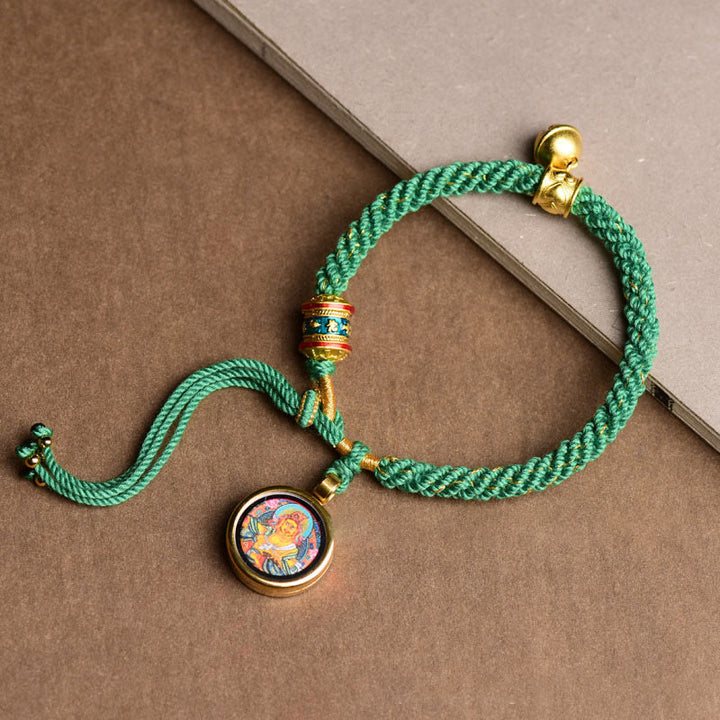 Buddha Stones Tybetańskie Pięć Bogów Bogactwa Thangka Szczęścia Koło Modlitewne Dzwonek Bransoletka ze Sznurka