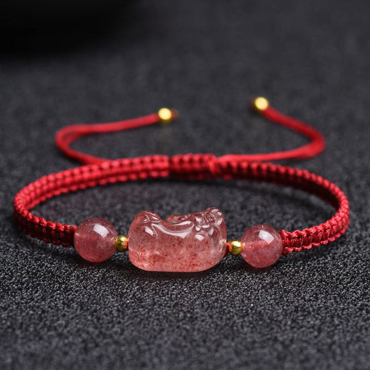 Buddha Stones Naturalny Kwarc Truskawkowy PiXiu Bransoletka Szczęścia Czerwony Sznurek
