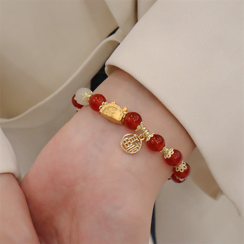Buddha Stones Rok Smoka Czerwony Agat Kwarc Truskawkowy Czarny Obsydian Jadeit Granat Perła Cynober Pierożek Smok Szczęście Fu Bransoletka - image 5