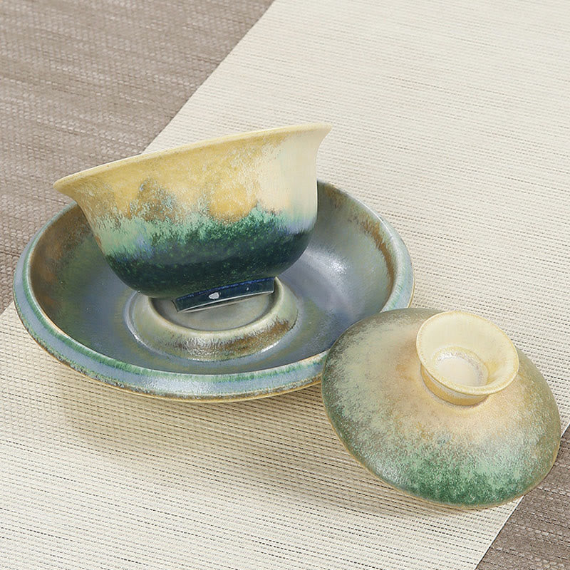 Buddha Stones Zielone Fale Oceaniczne Projekt Porcelany Ceramiczny Gaiwan Sancai Filiżanka Kung Fu Filiżanka I Spodek Z Pokrywką