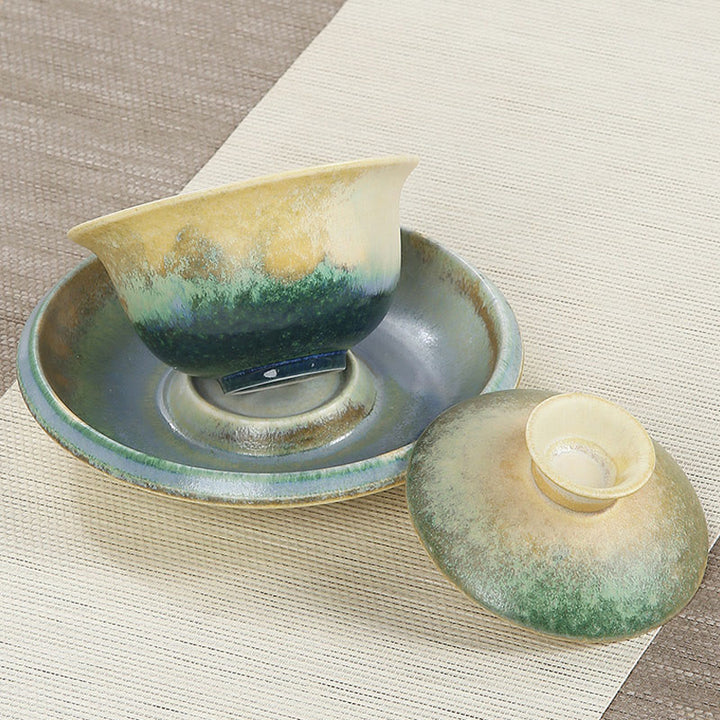 Buddha Stones Zielone Fale Oceaniczne Projekt Porcelany Ceramiczny Gaiwan Sancai Filiżanka Kung Fu Filiżanka I Spodek Z Pokrywką
