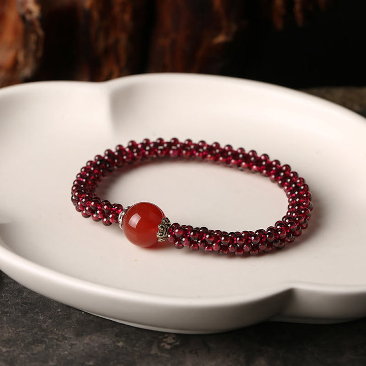 Buddha Stones Naturalny Granat Różowy Kryształ Czerwony Agat Amazonit Koraliki Bransoletka Ochronna