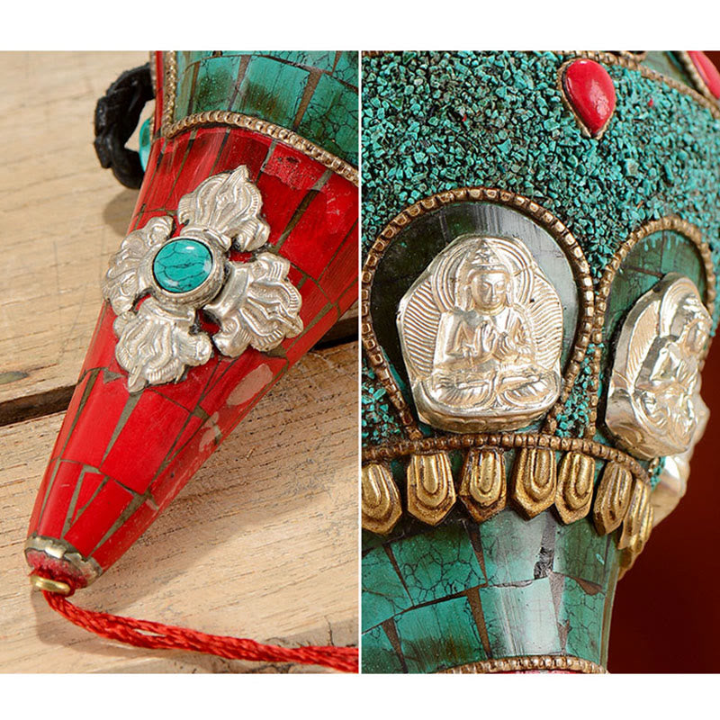 Tybetańska, ręcznie robiona Shankha Om Mani Padme Hum Budda Avalokitesvara turkusowa muszla pozytywna dekoracja - image 9