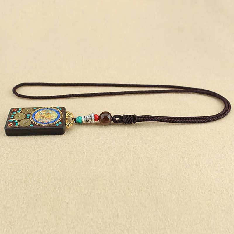Buddha Stones Tybet Bóg Bogactwa Thangka Ebony Naszyjnik Pokój Wisiorek