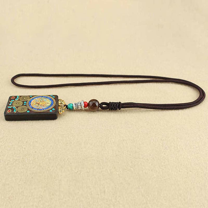 Buddha Stones Tybet Bóg Bogactwa Thangka Ebony Naszyjnik Pokój Wisiorek