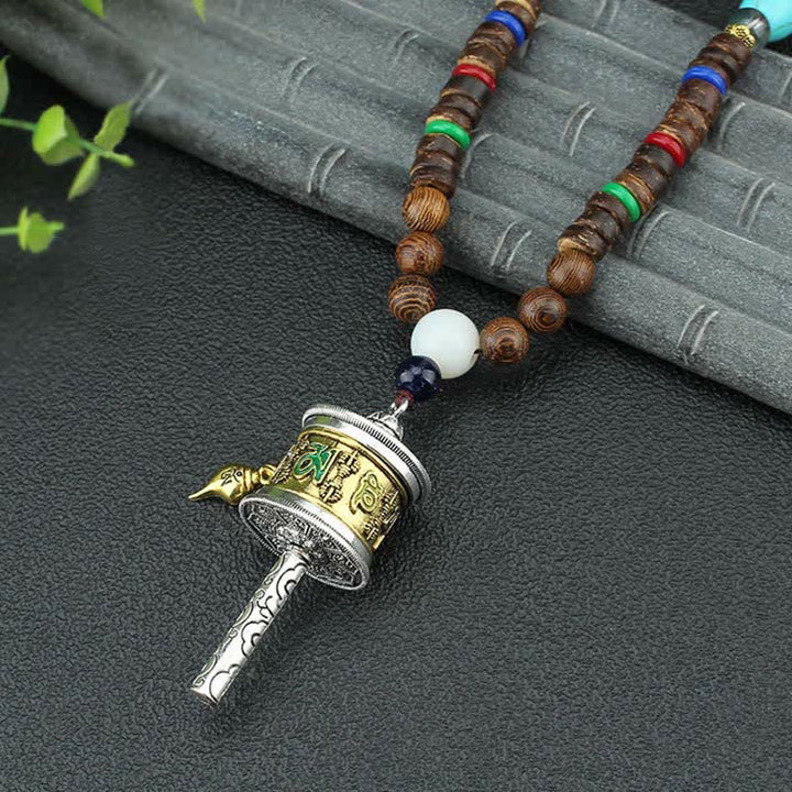 Buddha Stones Tybetańskie Om Mani Padme Hum Modlitewne Koło Obrotowe Naszyjnik Wisiorek z Drewna Vajra - Złote Koło Modlitewne - image 0
