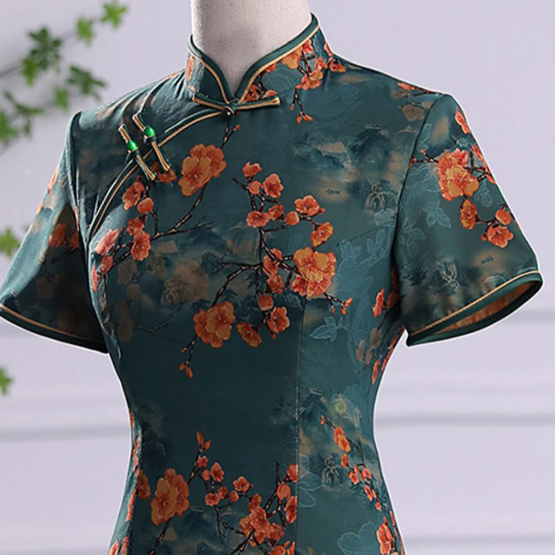 Buddha Stones Retro Kwiat Lotos Piwonia Pióro Druk Qipao Sukienka Damska Cheongsam Sukienka - image 6