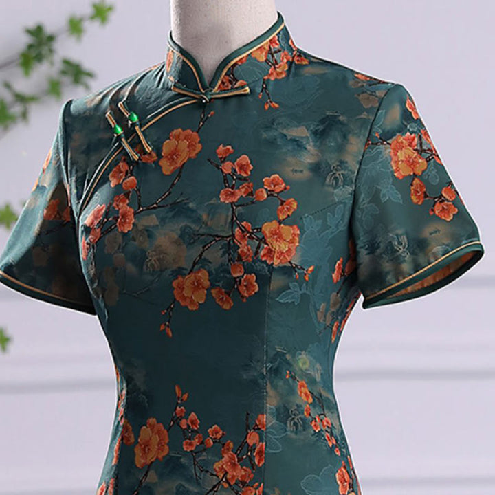 Buddha Stones Retro Kwiat Lotos Piwonia Pióro Druk Qipao Sukienka Damska Cheongsam Sukienka - image 6