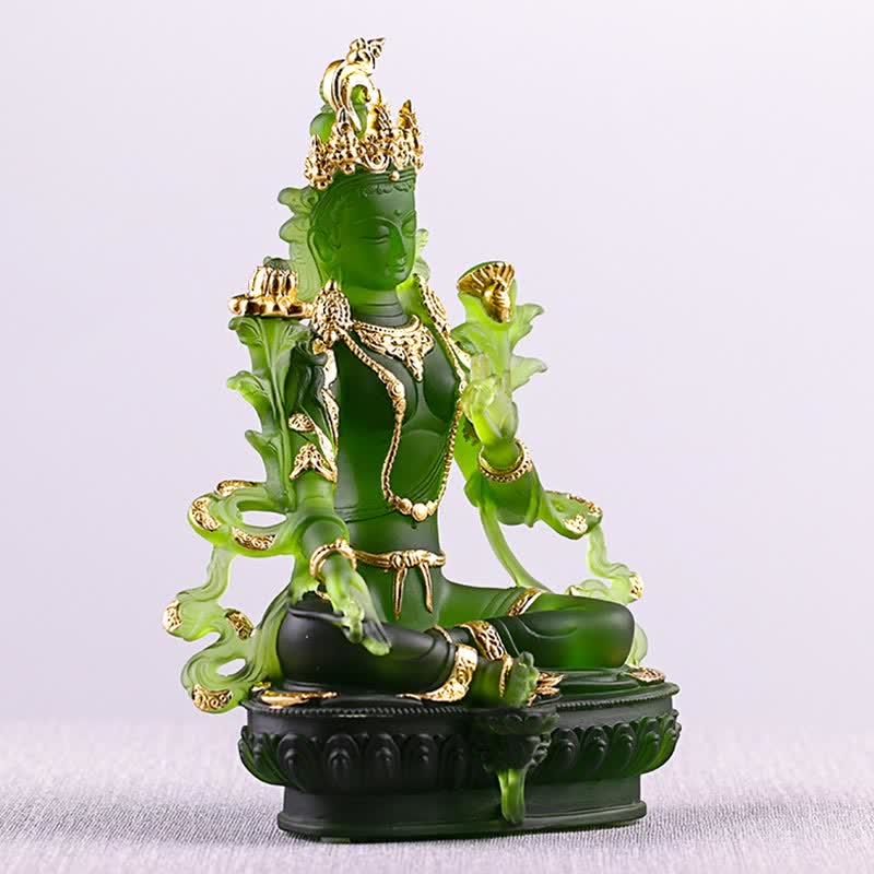 Buddha Stones Bodhisattwa Zielona Tara Ręcznie Robione Liuli Kryształowe Dzieło Sztuki Ochrona Domu Biuro Statua Dekoracja - image 6
