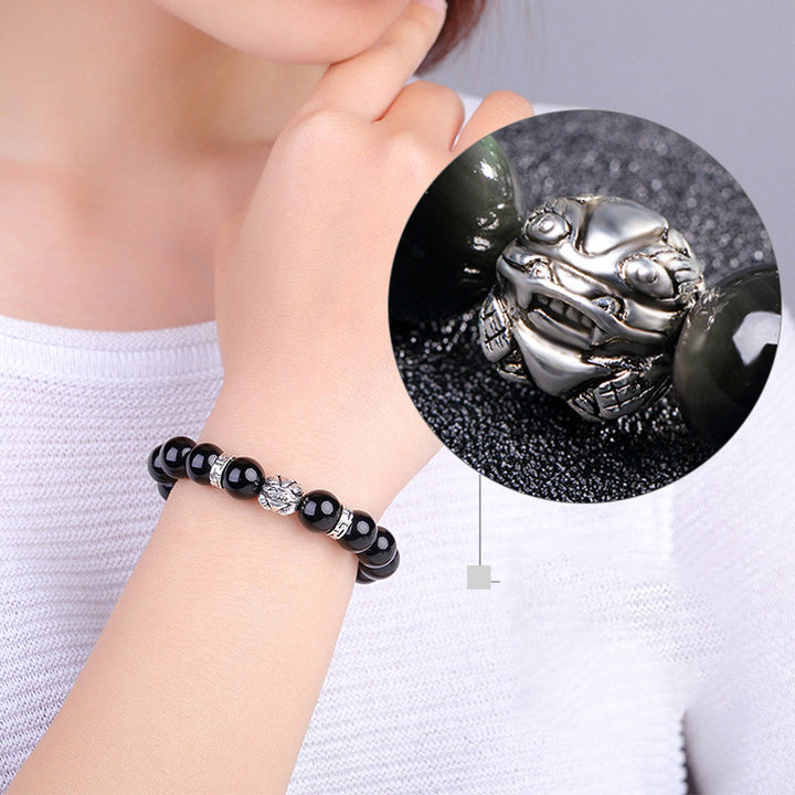 Buddha Stones Bransoletka błogosławieństwa FengShui z naturalnego tęczowego obsydianu PiXiu