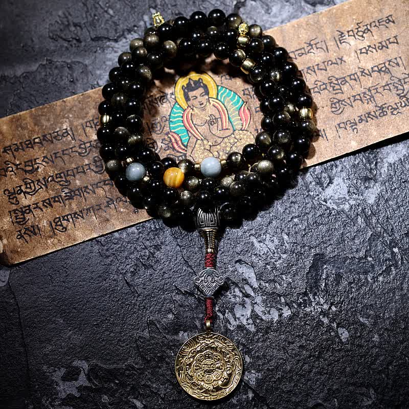 Buddha Stones 108 Mala Beads Złoty połysk Obsydian Tygrysie Oko Orle Oko Kamień Bransoletka Bogactwa