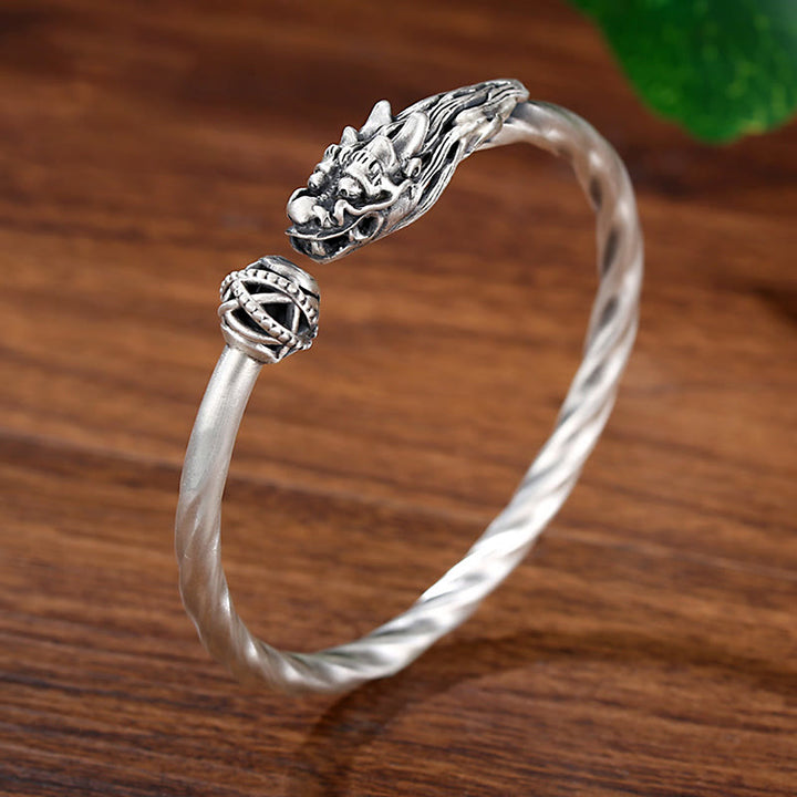Buddha Stones 999 Srebro Sterling Rok Smoka Szczęście Siła Metalowa Bransoletka Mankietowa Bangle