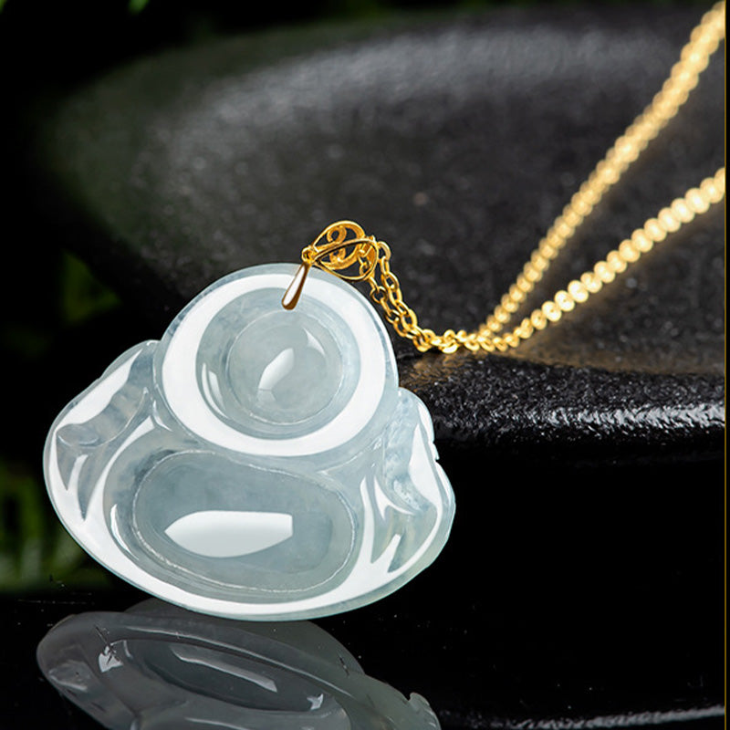 Śmiejący się Budda Naturalny Jade 18K Złoty Naszyjnik Obfitość Wisiorek - image 7