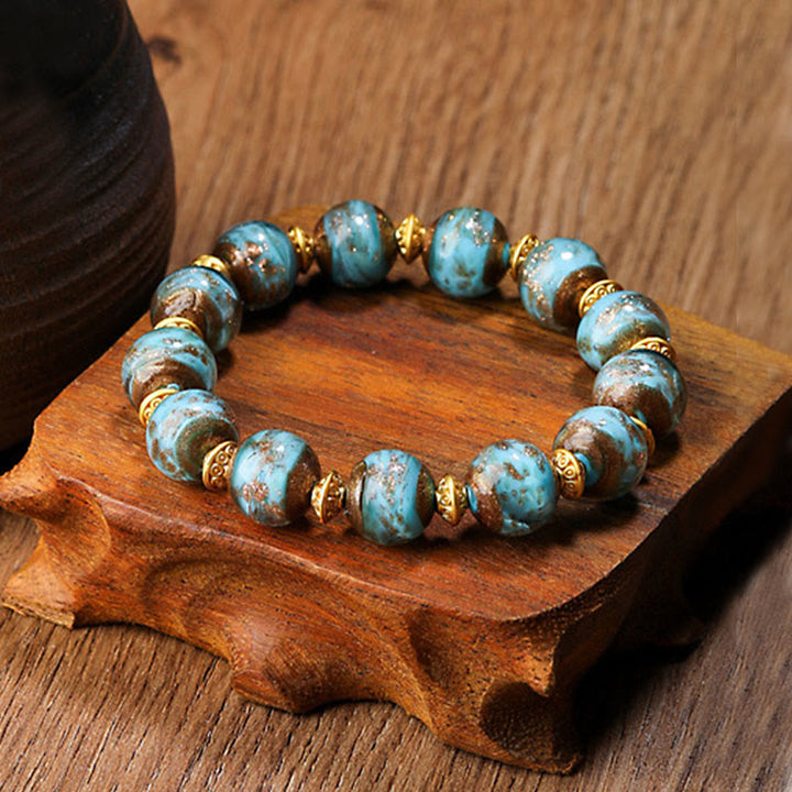 Buddha Stones Złota Połykająca Bestia Rodzina Charm Liuli Szklane Koraliki Bransoletka Fortuna