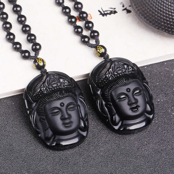 Buddha Stones Naturalny Czarny Obsydian Kwan Yin Awalokiteśwara Siła Naszyjnik Wisiorek - image 2