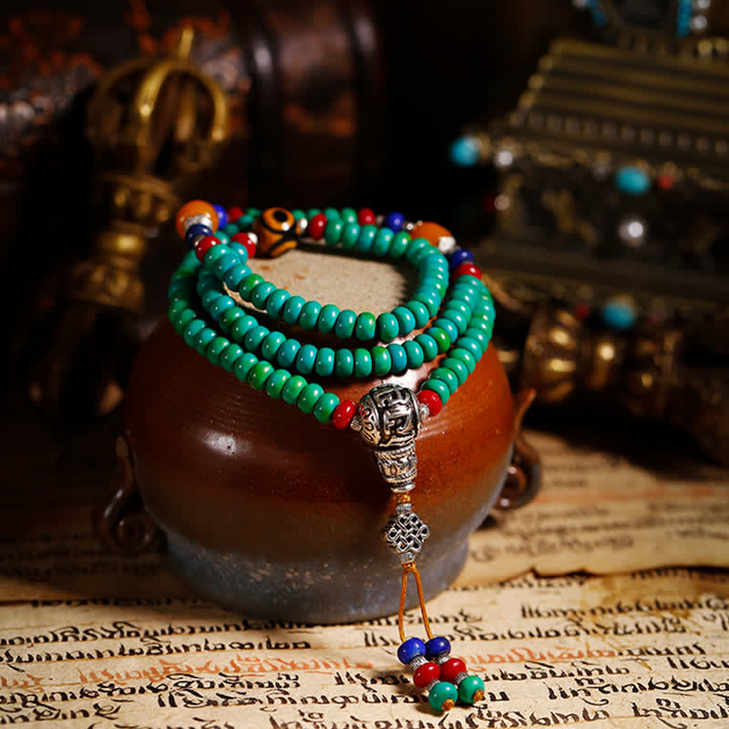 Buddha Stones 108 Mala Koraliki Tybetański Turkus Dzi Koraliki Ochrona Bransoletka