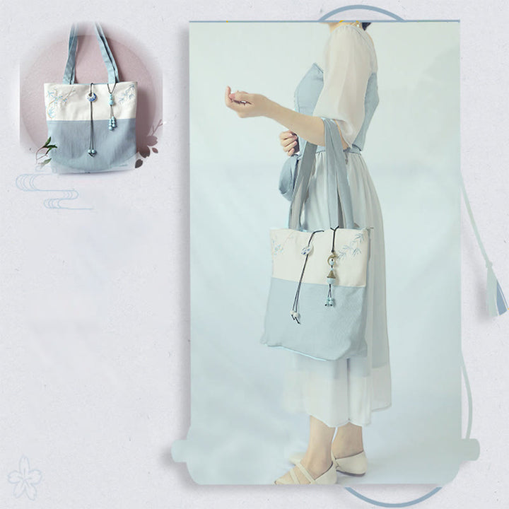 Kwiat gruszy śliwka brzoskwiniowy kwiat bambus haft płótno duża pojemność torba na ramię torba typu tote - image 25