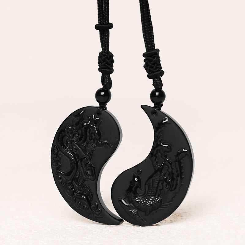 Buddha Stones Czarny Obsydian Yin Yang Smok Feniks Szczęście Naszyjnik Wisiorek - image 2