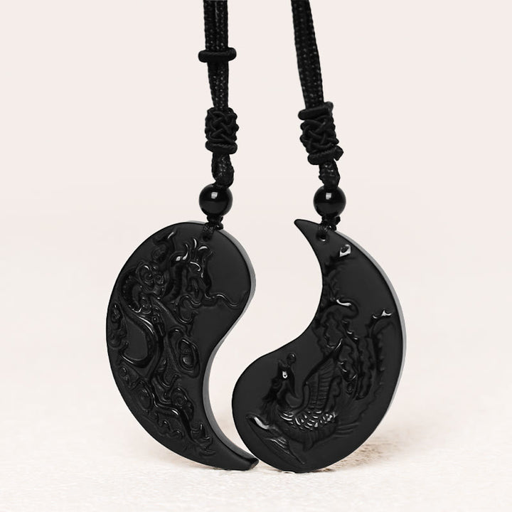 Buddha Stones Czarny Obsydian Yin Yang Smok Feniks Szczęście Naszyjnik Wisiorek - image 2