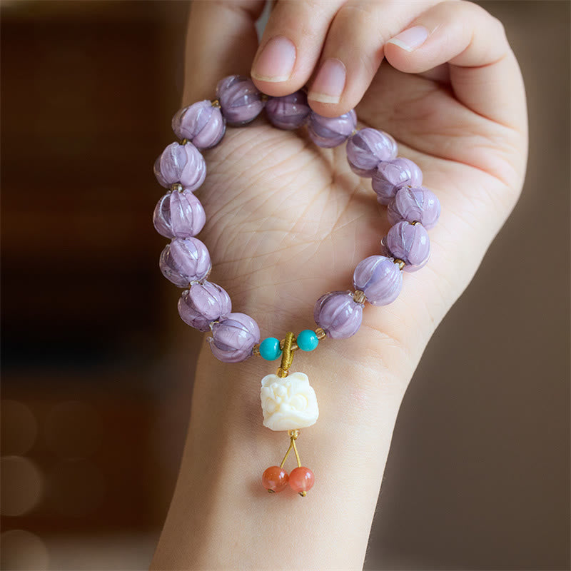 Buddha Stones Liuli Szklane Koraliki Lotos Projekt Fluoryt Kość Słoniowa Owoc Tańczący Lew Charm Bransoletka Oświecenia