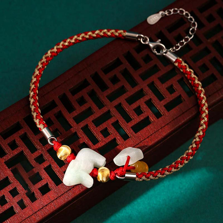 Buddha Stones Chiński Zodiak Jadeit Dobrobyt Czerwona Bransoletka Sznurkowa Anklet - Wół (rozmiar bransoletki/bransoletki na kostkę 19,5+4 cm) - image 5