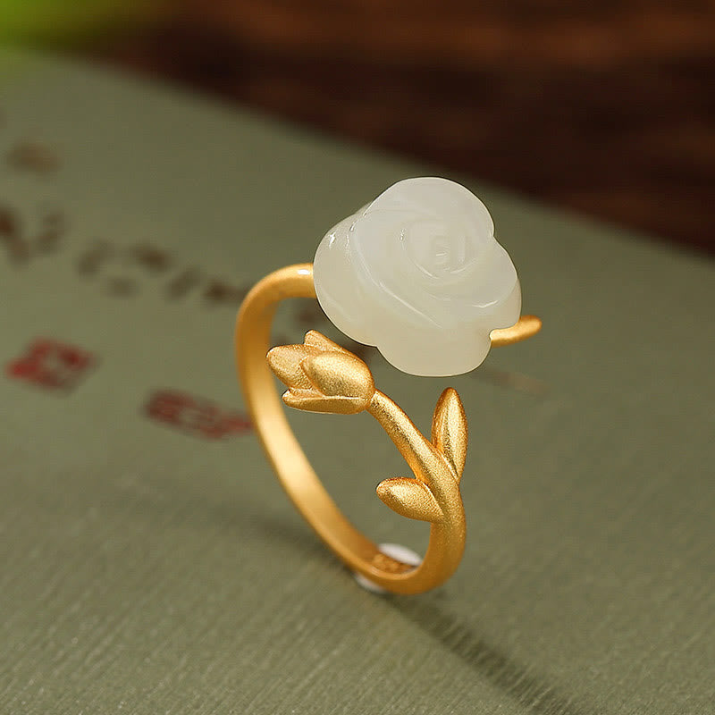 Buddha Stones 925 Srebro Sterlingowe Pozłacane Róże Kwiat Hetian Biały Jade Pierścień Szczęścia