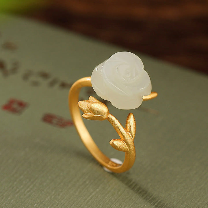 Buddha Stones 925 Srebro Sterlingowe Pozłacane Róże Kwiat Hetian Biały Jade Pierścień Szczęścia