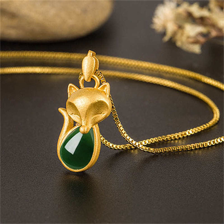 Buddha Stones Zielony Chalcedon Wzór Lisa Naszyjnik Wisiorek Odwaga