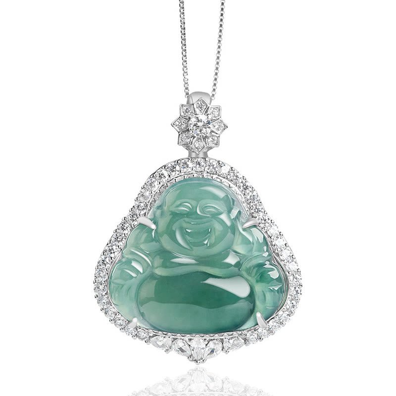 Buddha Stones 925 Srebro Sterlingowe Śmiejący się Budda Naturalny Jadeit Szczęście Obfitość Naszyjnik Łańcuch Wisiorek - image 5