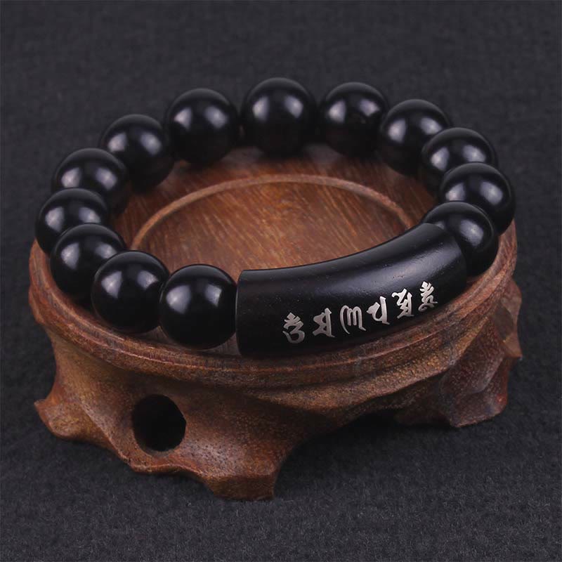 Buddha Stones 999 Srebro Sterlingowe Drewno Hebanowe Om Mani Padme Hum Intarsjowana Bransoletka Równowagi