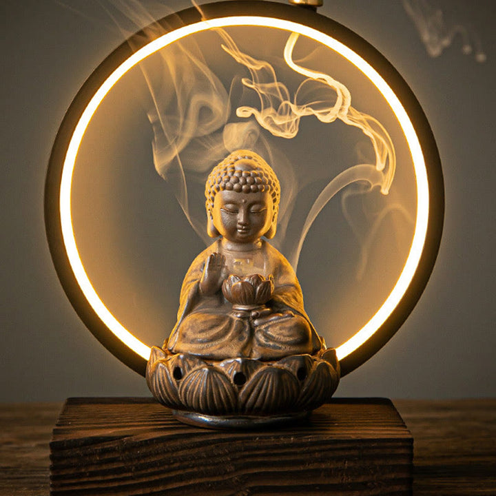 Buddha Stones Budda Lotos Cofający Dym Fontanna Ceramiczny Błogosławieństwo Kadzielnica Z Dekoracją Światła