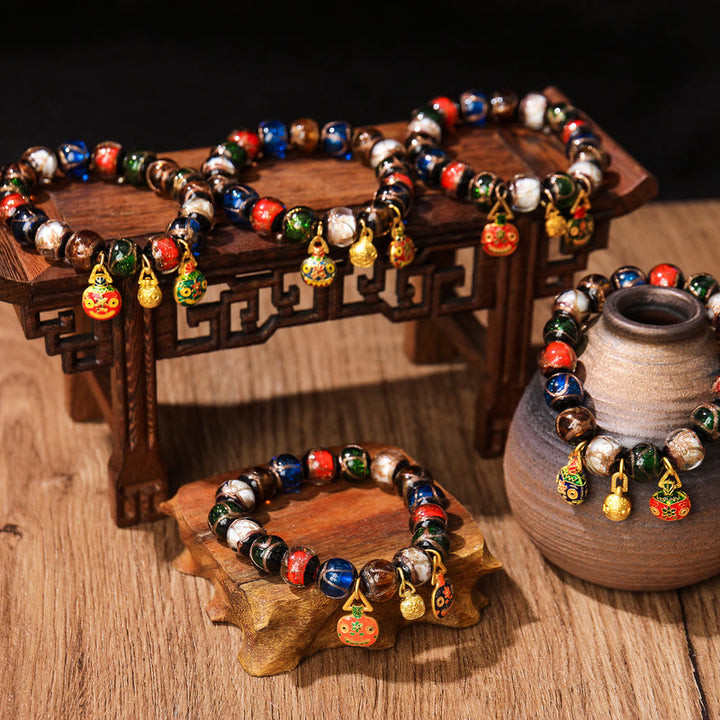 Buddha Stones Pięć Elementów Złota Połykająca Bestia Rodzina Charm Liuli Szklana Koralik Bransoletka Szczęścia