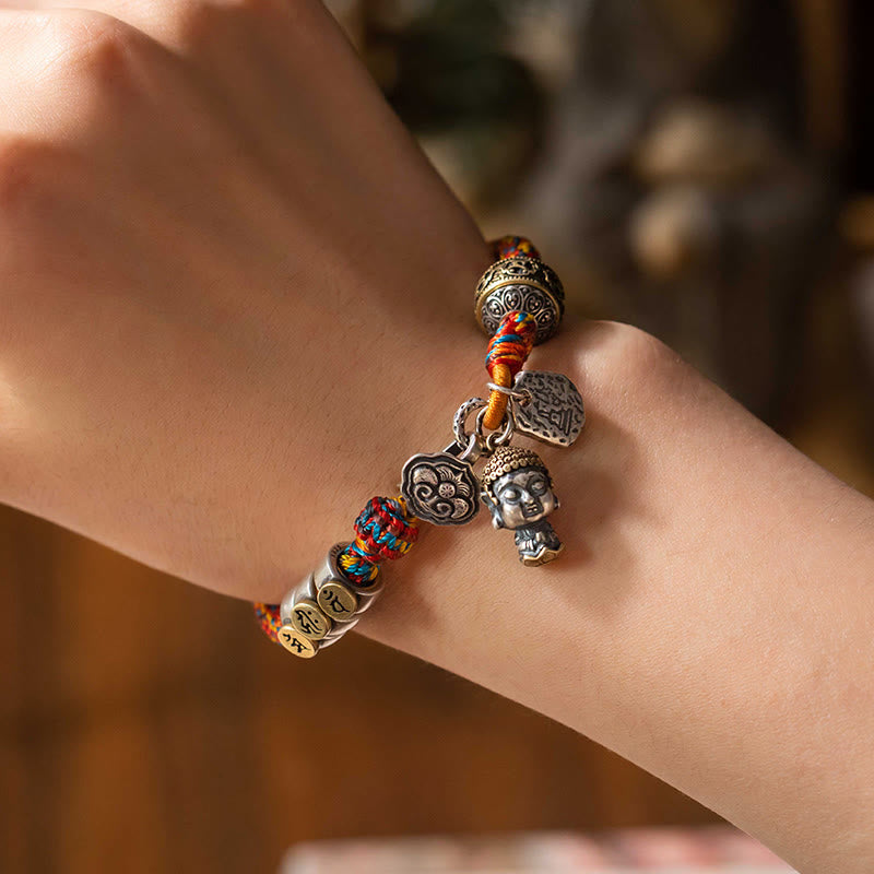 Buddha Stones Ręcznie robione Tybetańskie 925 Srebro Chiński Zodiak Natal Budda Zakiram Bogini Ochrony Bogactwa Wielokolorowa Bransoletka Pleciona Lina