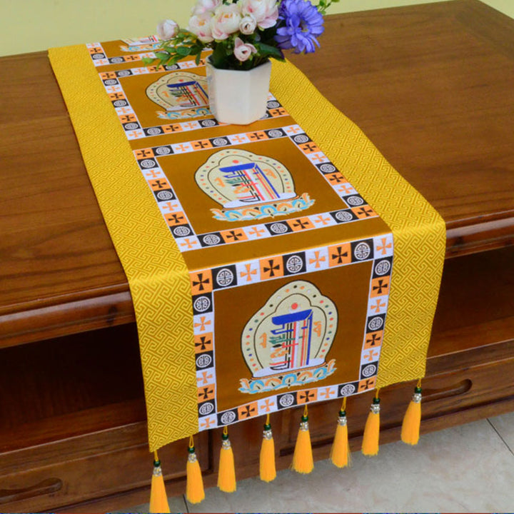 Buddha Stones , modlitwa, ołtarz, mata, Man-Bcu, Kalachakra, nieskończony węzeł, Wadżra, tybetańskie symbole pomyślności, frędzle, bieżnik na stół