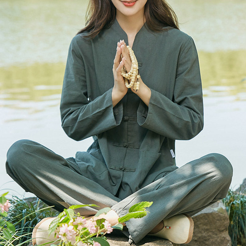 Buddha Stones Duchowa Praktyka Zen Joga Medytacja Modlitwa Jednolita Bawełna Lniana Odzież Damska Zestaw - image 0
