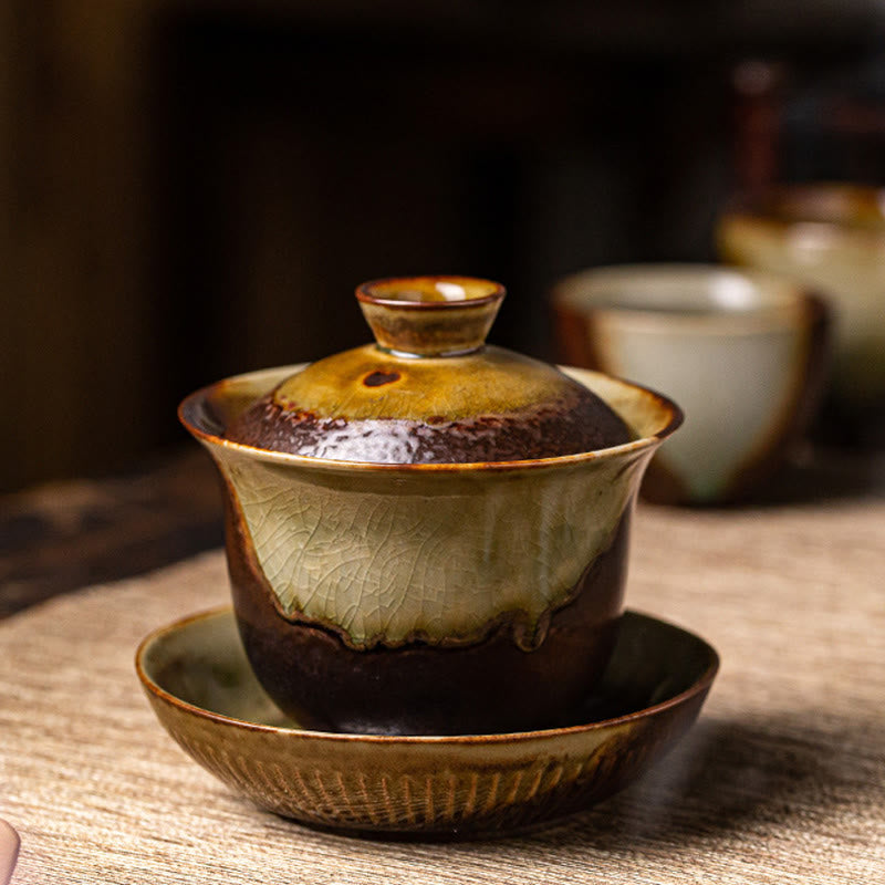 Buddha Stones Vintage Brązowy Piec Zmiana Projektu Porcelana Ceramiczna Gaiwan Sancai Filiżanka Kung Fu Filiżanka I Spodek Z Pokrywką