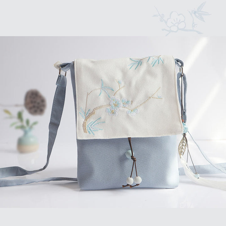 Buddha Stones , ręcznie haftowane kwiaty śliwkowe, płócienna torba typu crossbody, torba na ramię