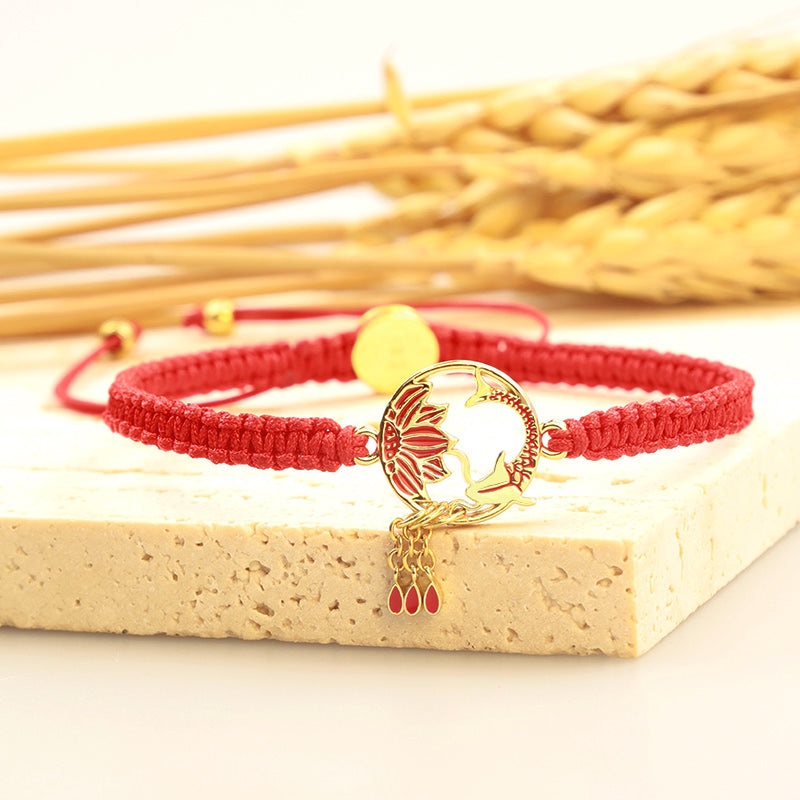 Buddha Stones Tybetańskie Ręcznie Robione Lotus Koi Fish Lucky Bransoletka z Czerwonego Sznurka