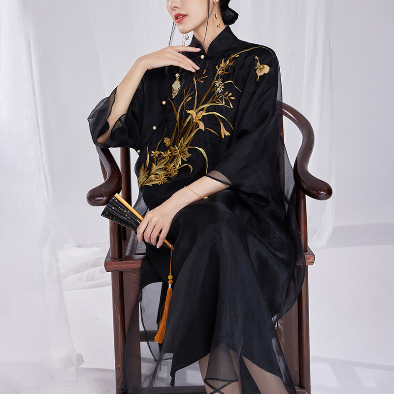 Buddha Stones 100% jedwab morwowy 6 Momme Sukienka Vintage Flower Butterfly Haft Qipao Sukienka damska Cheongsam - image 16