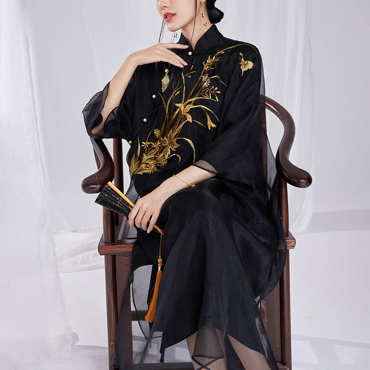 Buddha Stones 100% jedwab morwowy 6 Momme Sukienka Vintage Flower Butterfly Haft Qipao Sukienka damska Cheongsam - image 16
