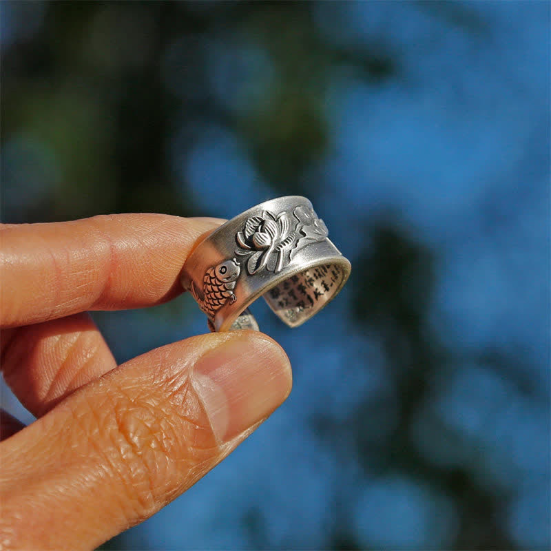 Buddha Stones 999 Srebro Sterlingowe Szczęście Koi Ryba Lotos Serce Sutra Pierścień Bogactwa